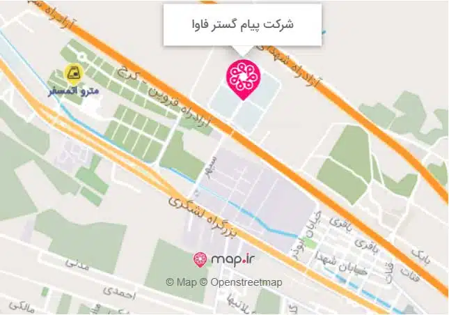 نقشه محل شرکت پیام گستر فاوا و گروه نرم افزاری کارا
